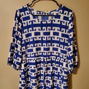 Blue and white dress.